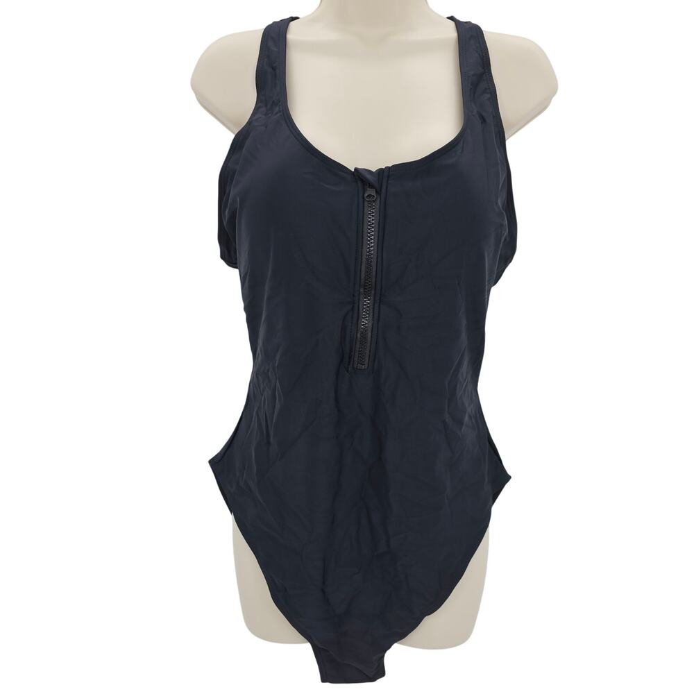 Zando Womans size 2XL Athletic Zip Front Open Back One Piece Swimsuit Black NWOT